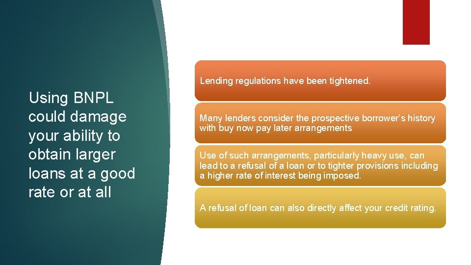 Lending regulations have been tightened. Using BNPL could damage your ability to obtain larger