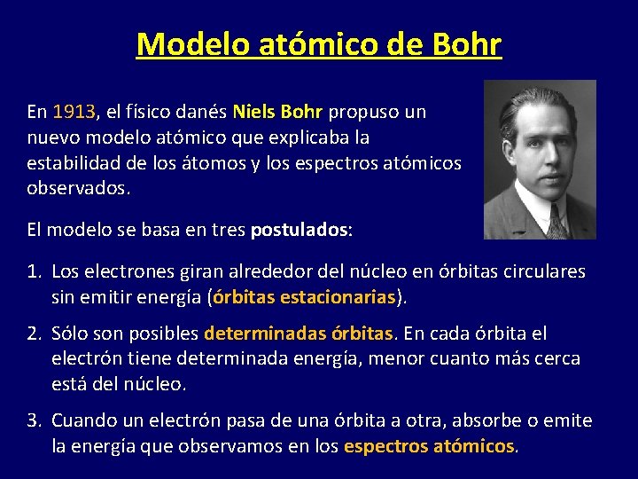 Modelo atómico de Bohr En 1913, el físico danés Niels Bohr propuso un nuevo