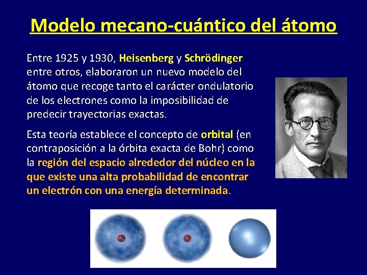 Modelo mecano-cuántico del átomo Entre 1925 y 1930, Heisenberg y Schrödinger entre otros, elaboraron