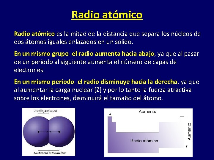 Radio atómico es la mitad de la distancia que separa los núcleos de dos