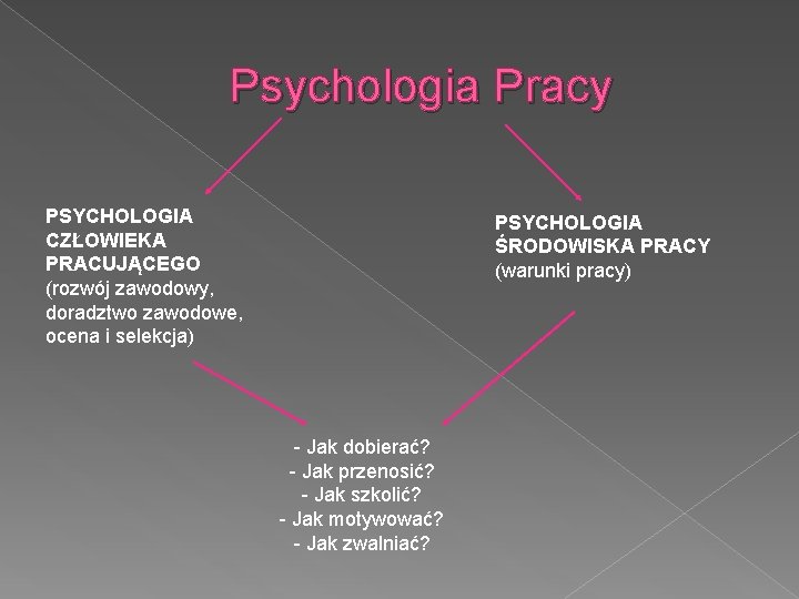 Psychologia Pracy PSYCHOLOGIA CZŁOWIEKA PRACUJĄCEGO (rozwój zawodowy, doradztwo zawodowe, ocena i selekcja) PSYCHOLOGIA ŚRODOWISKA
