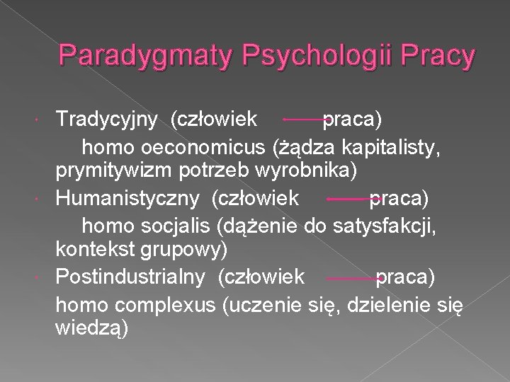 Paradygmaty Psychologii Pracy Tradycyjny (człowiek praca) homo oeconomicus (żądza kapitalisty, prymitywizm potrzeb wyrobnika) Humanistyczny