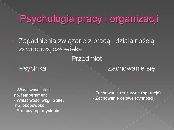 Psychologia pracy i organizacji Zagadnienia związane z pracą i działalnością zawodową człowieka. Przedmiot: Psychika