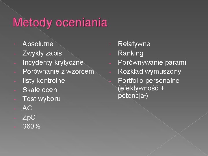 Metody oceniania - Absolutne Zwykły zapis Incydenty krytyczne Porównanie z wzorcem listy kontrolne Skale