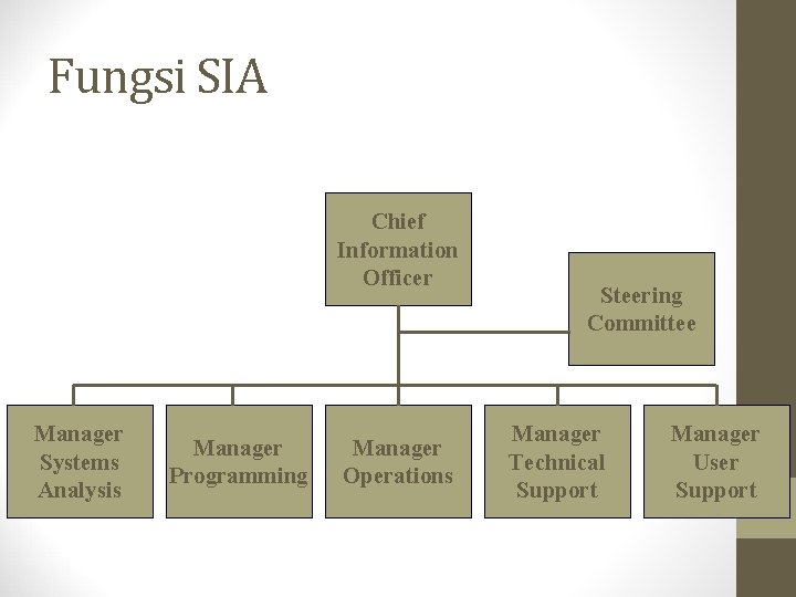 Fungsi SIA Chief Information Officer Manager Systems Analysis Manager Programming Manager Operations Steering Committee