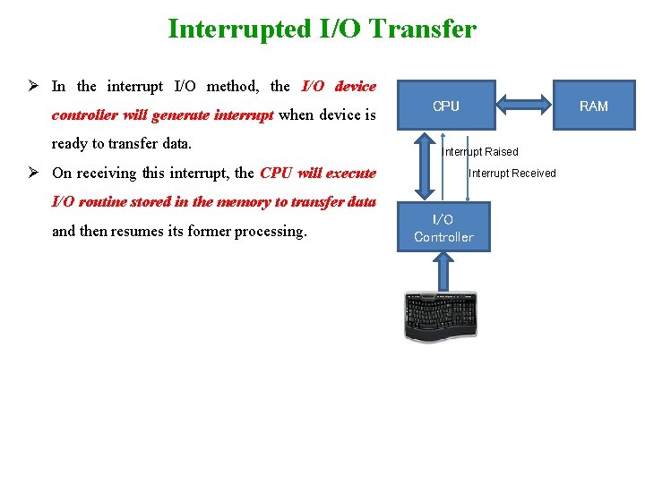 Interrupted I/O Transfer Ø In the interrupt I/O method, the I/O device controller will