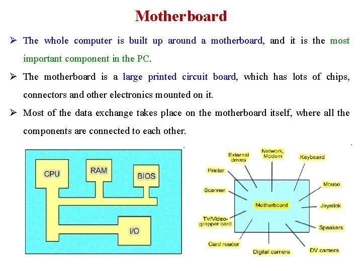 Motherboard Ø The whole computer is built up around a motherboard, and it is