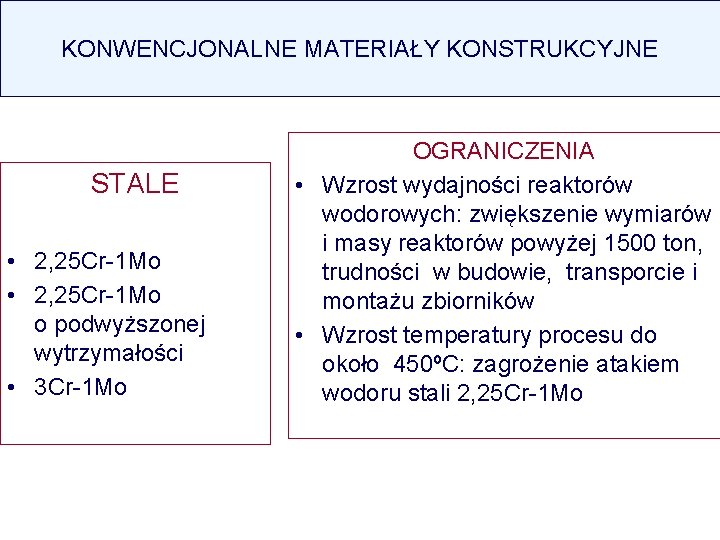 KONWENCJONALNE MATERIAŁY KONSTRUKCYJNE OGRANICZENIA STALE • Wzrost wydajności reaktorów wodorowych: zwiększenie wymiarów i masy