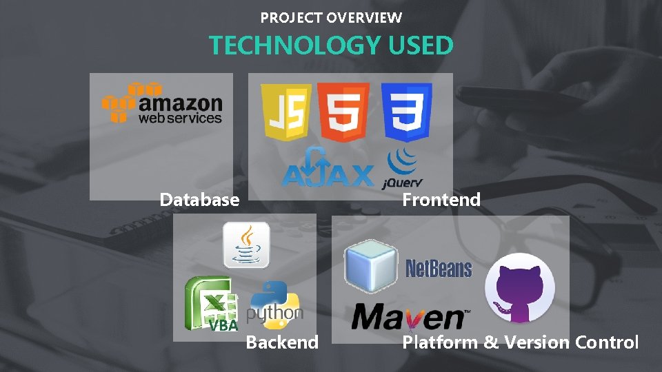 PROJECT OVERVIEW TECHNOLOGY USED Database Frontend Backend Platform & Version Control 