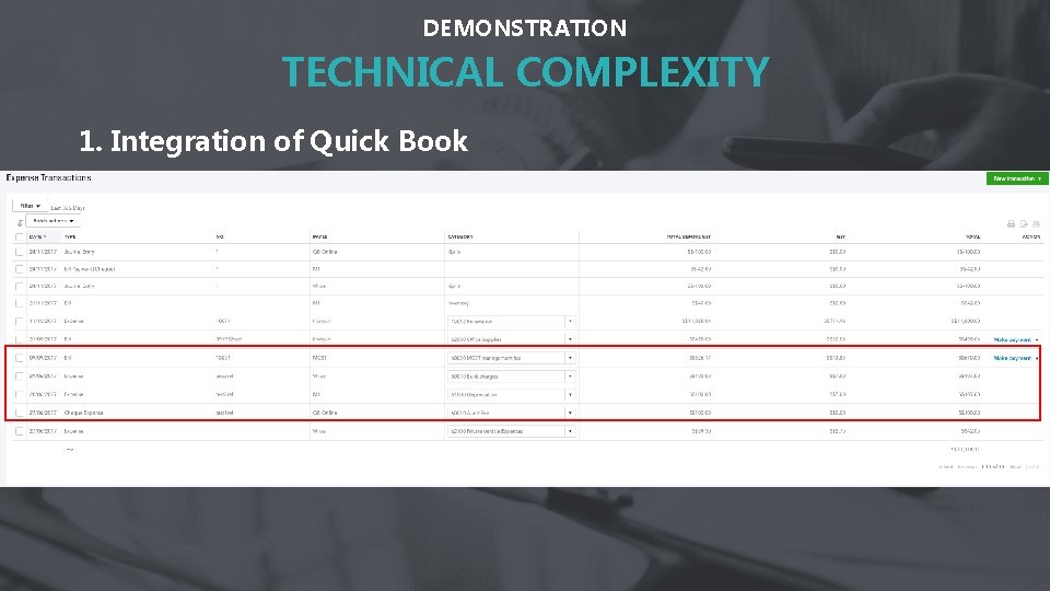 DEMONSTRATION TECHNICAL COMPLEXITY 1. Integration of Quick Book 