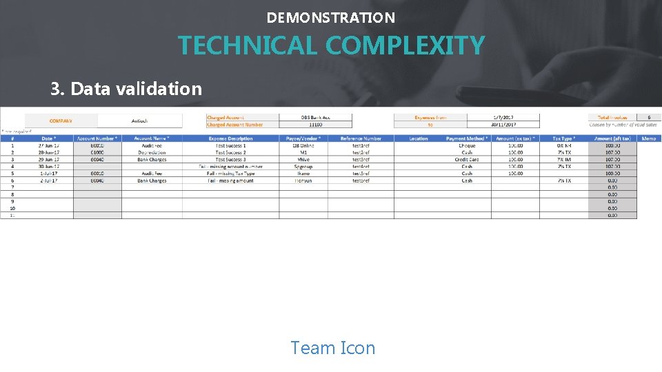 DEMONSTRATION TECHNICAL COMPLEXITY 3. Data validation Team Icon 