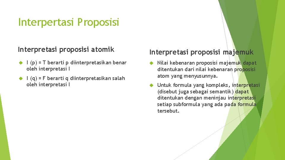 Interpertasi Proposisi Interpretasi proposisi atomik I (p) = T berarti p diinterpretasikan benar oleh