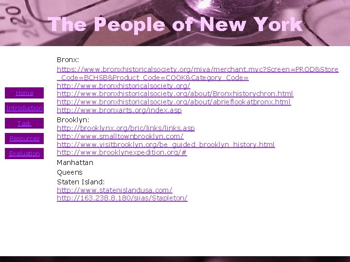 The People of New York • • Home Introduction Task • Resources Evaluation •