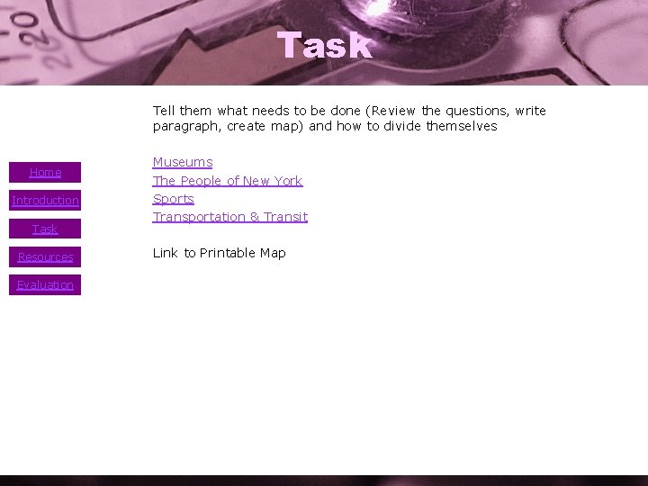 Task Home Introduction Task Resources Evaluation • Tell them what needs to be done