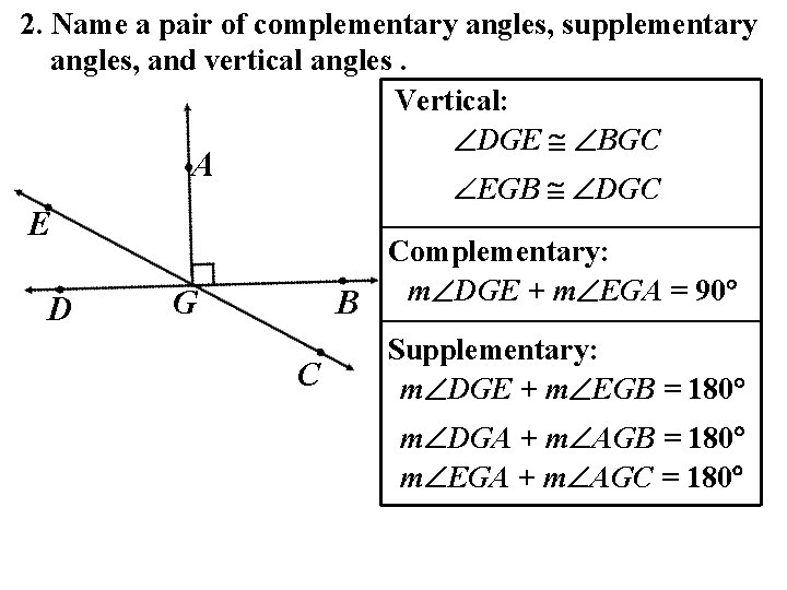 2. Name a pair of complementary angles, supplementary angles, and vertical angles. Vertical: DGE