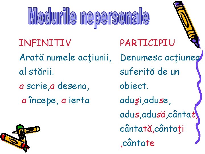 INFINITIV PARTICIPIU Arată numele acţiunii, Denumesc acţiunea al stării. suferită de un a scrie,