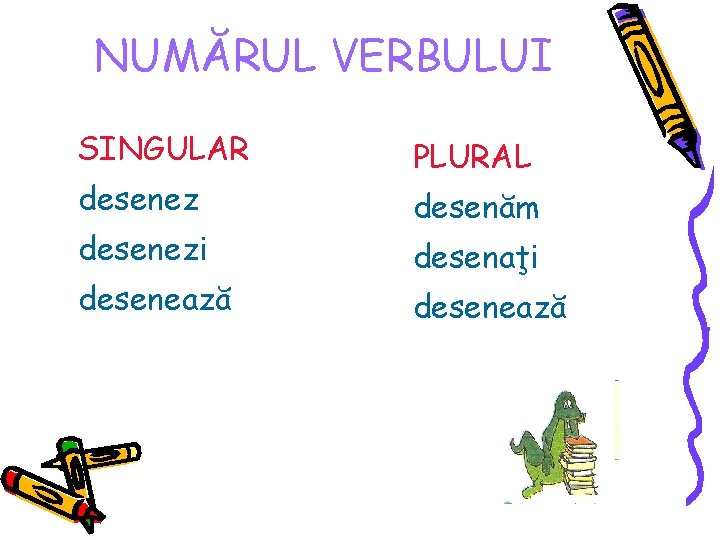NUMĂRUL VERBULUI SINGULAR desenezi desenează PLURAL desenăm desenaţi desenează NUMĂRUL VERBULUI SINGULAR desenezi desenează PLURAL desenăm desenaţi desenează
