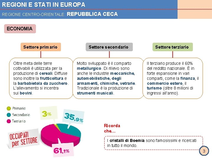 REGIONI E STATI IN EUROPA REGIONE CENTRO-ORIENTALE: REPUBBLICA CECA ECONOMIA Settore primario Oltre meta