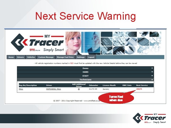 Next Service Warning Turns Red when due 