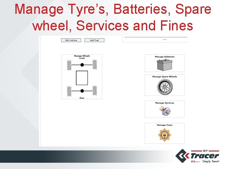 Manage Tyre’s, Batteries, Spare wheel, Services and Fines 