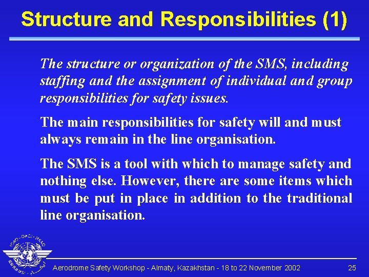 Structure and Responsibilities (1) The structure or organization of the SMS, including staffing and