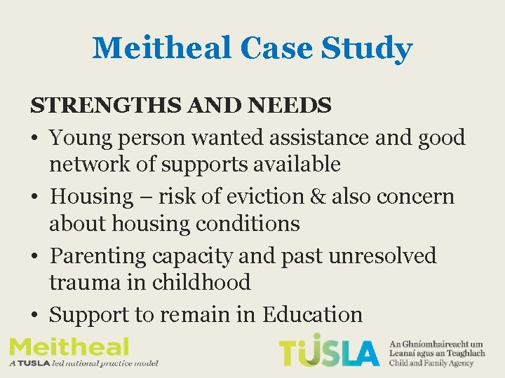 Meitheal Case Study STRENGTHS AND NEEDS • Young person wanted assistance and good network Meitheal Case Study STRENGTHS AND NEEDS • Young person wanted assistance and good network