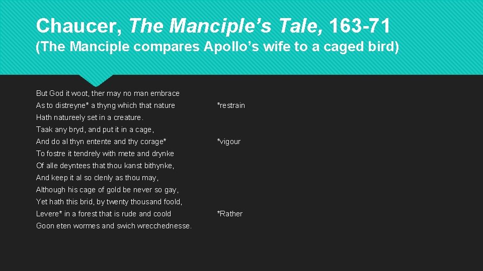 Chaucer, The Manciple’s Tale, 163 -71 (The Manciple compares Apollo’s wife to a caged