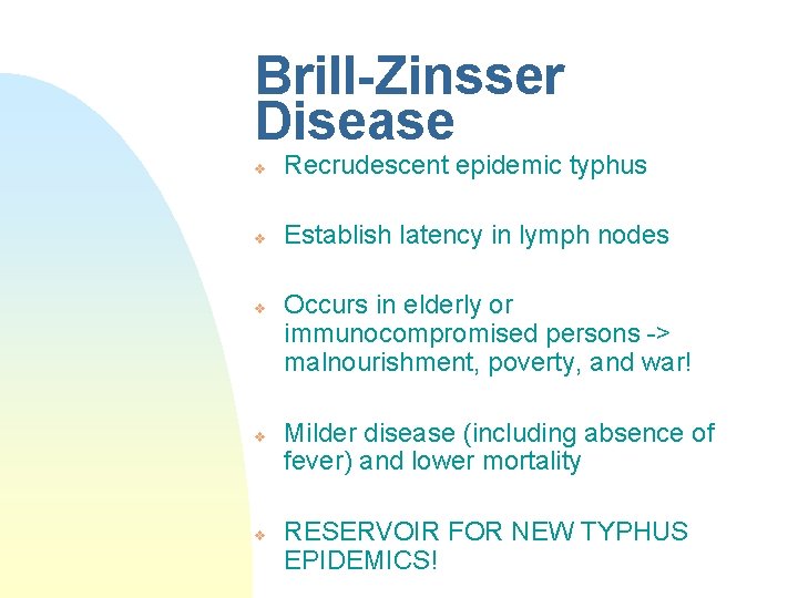 Brill-Zinsser Disease v Recrudescent epidemic typhus v Establish latency in lymph nodes v v