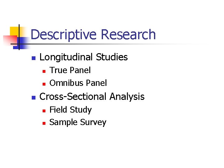 Descriptive Research n Longitudinal Studies n n n True Panel Omnibus Panel Cross-Sectional Analysis