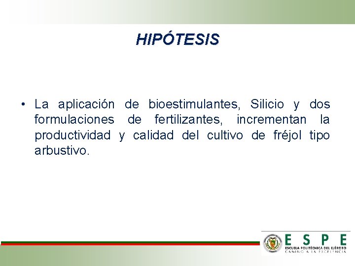HIPÓTESIS • La aplicación de bioestimulantes, Silicio y dos formulaciones de fertilizantes, incrementan la