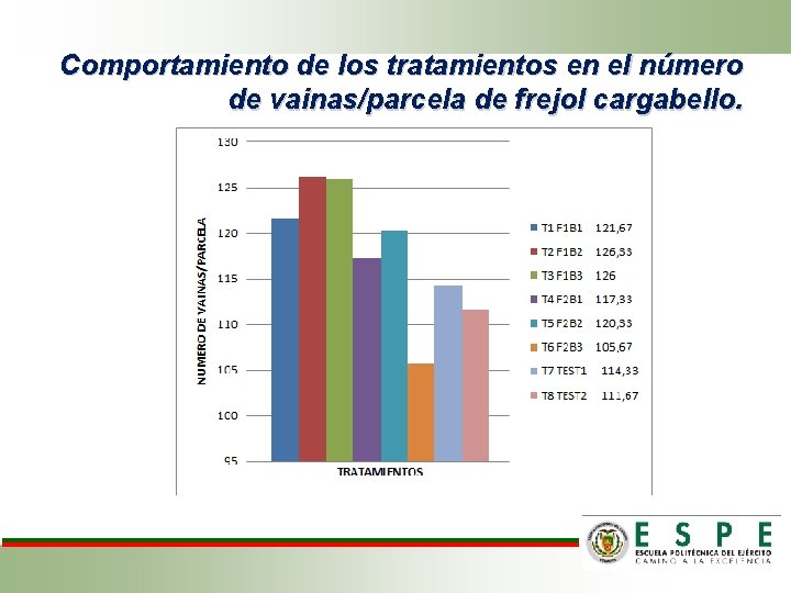 Comportamiento de los tratamientos en el número de vainas/parcela de frejol cargabello. 