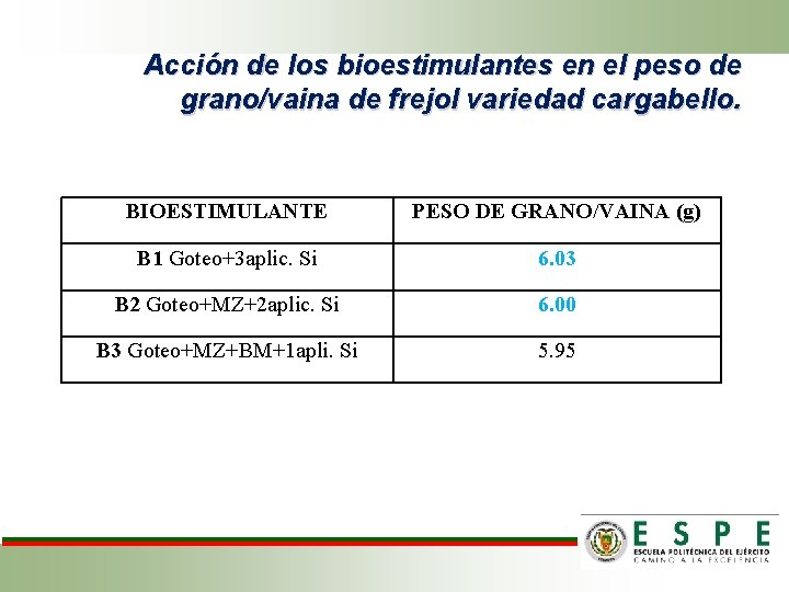 Acción de los bioestimulantes en el peso de grano/vaina de frejol variedad cargabello. BIOESTIMULANTE