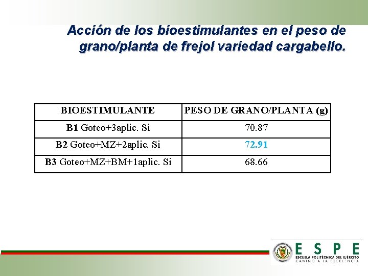 Acción de los bioestimulantes en el peso de grano/planta de frejol variedad cargabello. BIOESTIMULANTE