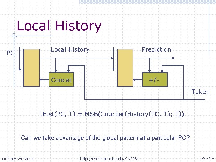 Local History PC Concat Prediction +/Taken LHist(PC, T) = MSB(Counter(History(PC; T)) Can we take Local History PC Concat Prediction +/Taken LHist(PC, T) = MSB(Counter(History(PC; T)) Can we take