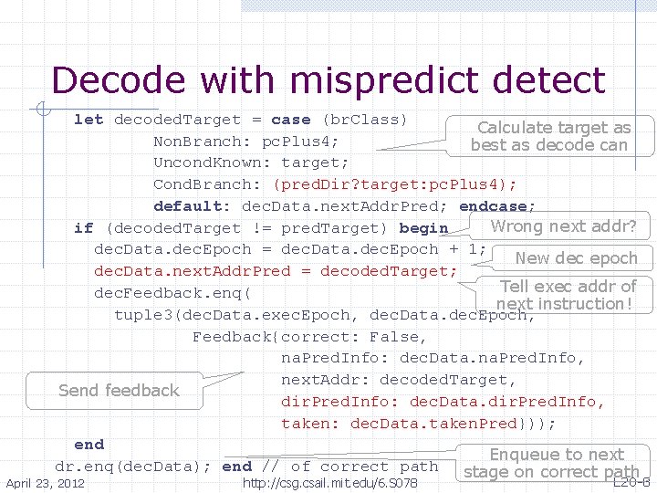 Decode with mispredict detect let decoded. Target = case (br. Class) • Calculate target Decode with mispredict detect let decoded. Target = case (br. Class) • Calculate target