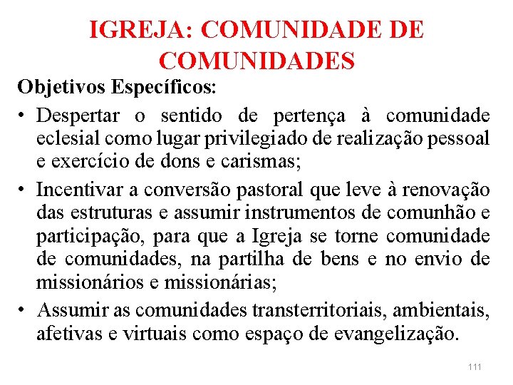 IGREJA: COMUNIDADE DE COMUNIDADES Objetivos Específicos: • Despertar o sentido de pertença à comunidade