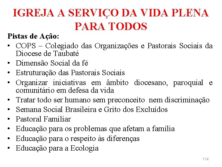 IGREJA A SERVIÇO DA VIDA PLENA PARA TODOS Pistas de Ação: • COPS –