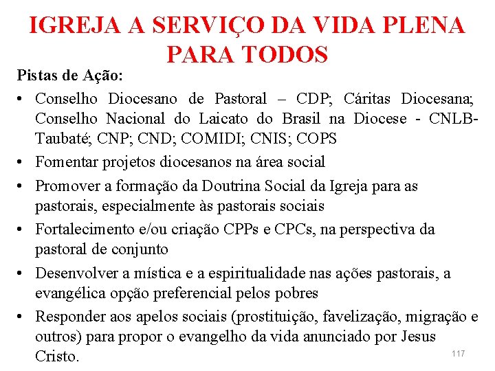 IGREJA A SERVIÇO DA VIDA PLENA PARA TODOS Pistas de Ação: • Conselho Diocesano