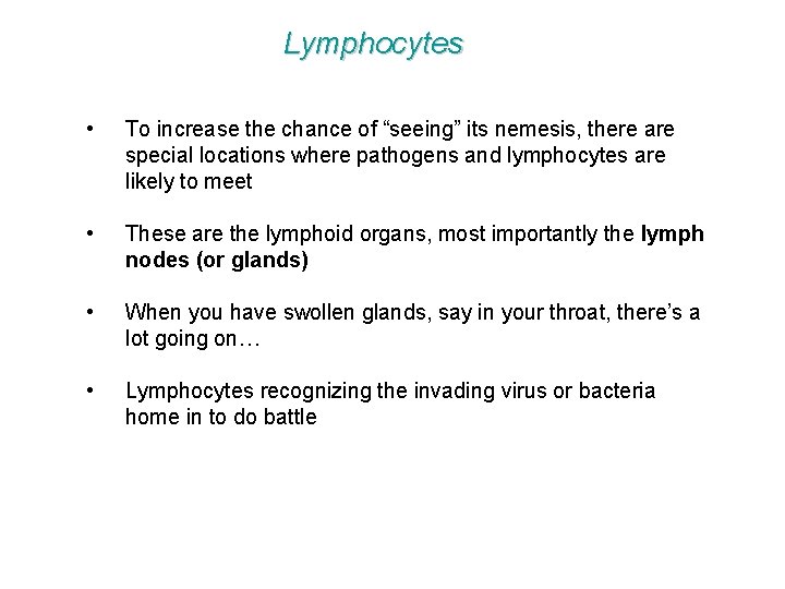 Lymphocytes • To increase the chance of “seeing” its nemesis, there are special locations