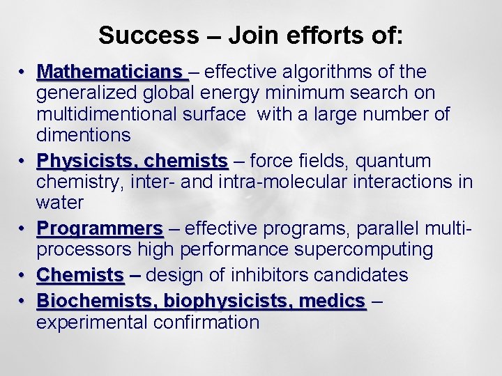 Success – Join efforts of: • Mathematicians – effective algorithms of the generalized global