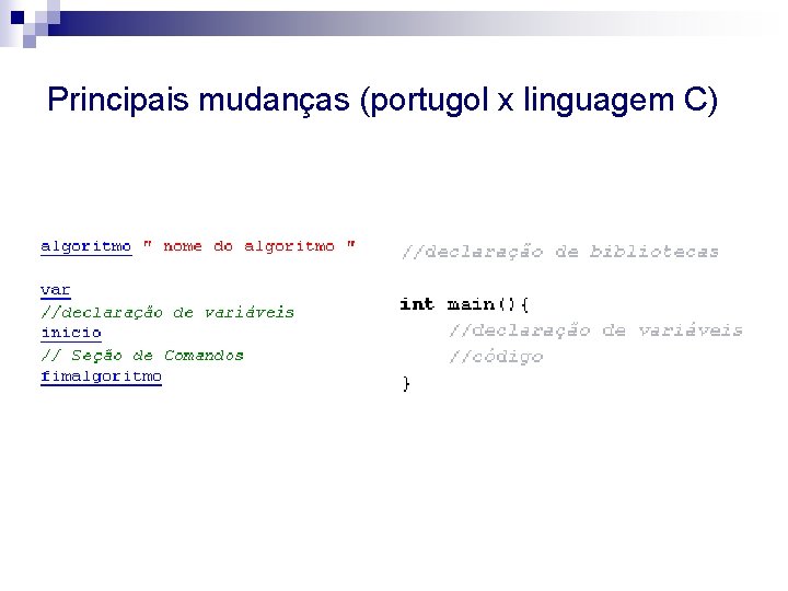 Principais mudanças (portugol x linguagem C) 