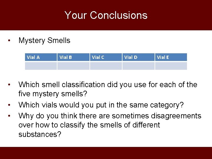 Your Conclusions • Mystery Smells Vial A • • • Vial B Vial C