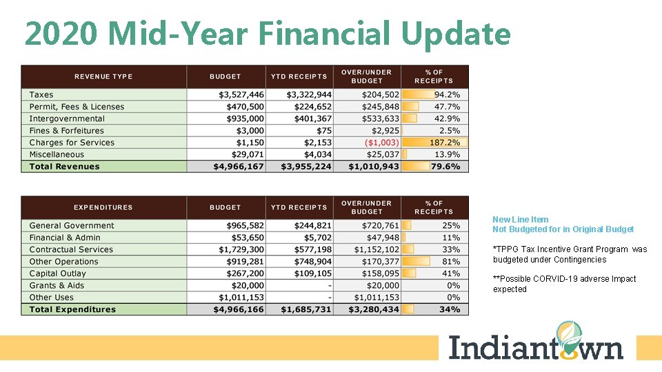 2020 Mid-Year Financial Update New Line Item Not Budgeted for in Original Budget *TPPG