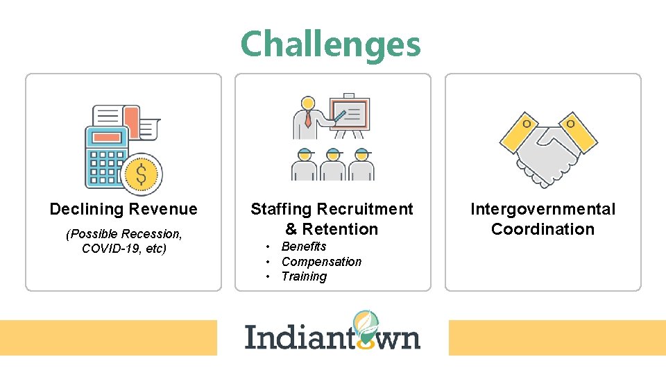 Challenges Declining Revenue (Possible Recession, COVID-19, etc) Staffing Recruitment & Retention • Benefits •