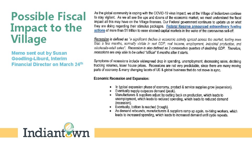 Possible Fiscal Impact to the Village Memo sent out by Susan Goodling-Liburd, Interim Financial