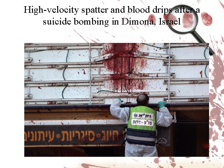 High-velocity spatter and blood drips after a suicide bombing in Dimona, Israel 