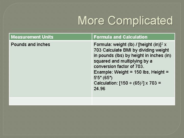 More Complicated Measurement Units Formula and Calculation Pounds and inches Formula: weight (lb) /