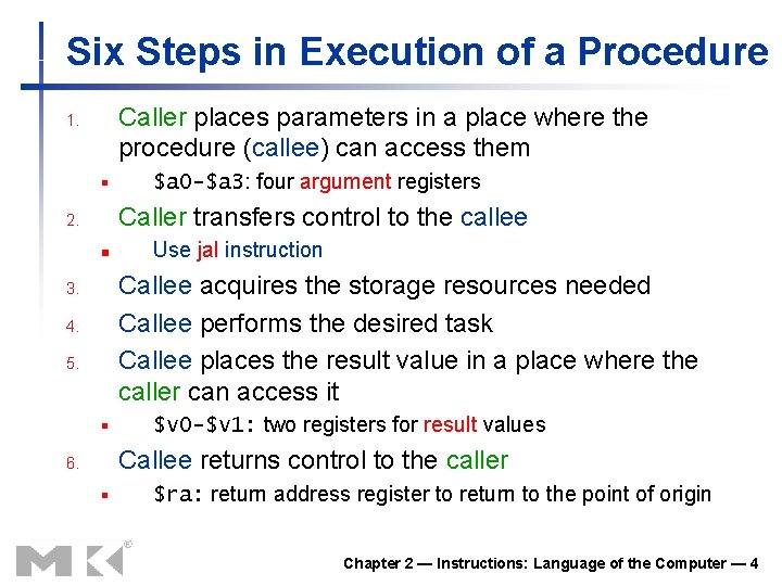 Six Steps in Execution of a Procedure Caller places parameters in a place where