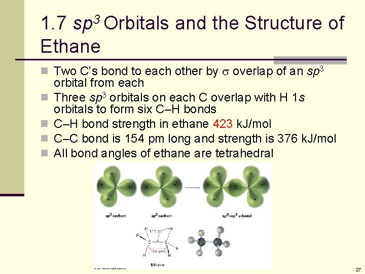 1. 7 sp 3 Orbitals and the Structure of Ethane n Two C’s bond