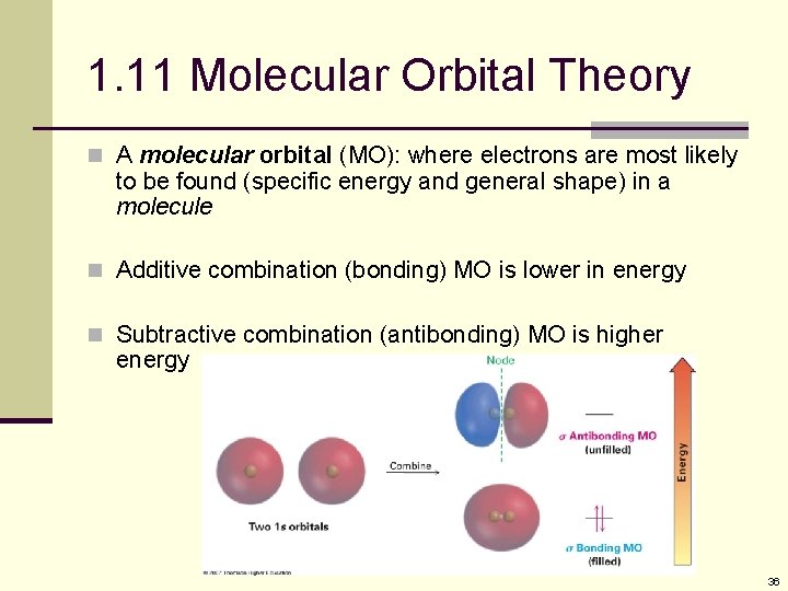 1. 11 Molecular Orbital Theory n A molecular orbital (MO): where electrons are most